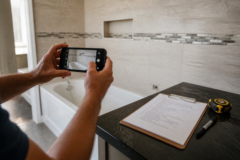 Close-up of hands holding a smartphone photographing freshly installed tile work in a bathroom, with a checklist and renovation notes visible on a clipboard resting on the counter