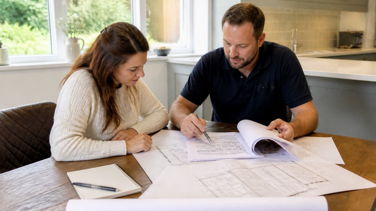 Homeowner and builder reviewing building plans and renovation quote documents at a kitchen table, discussing specifications with notepad and pen visible, natural daylight from window