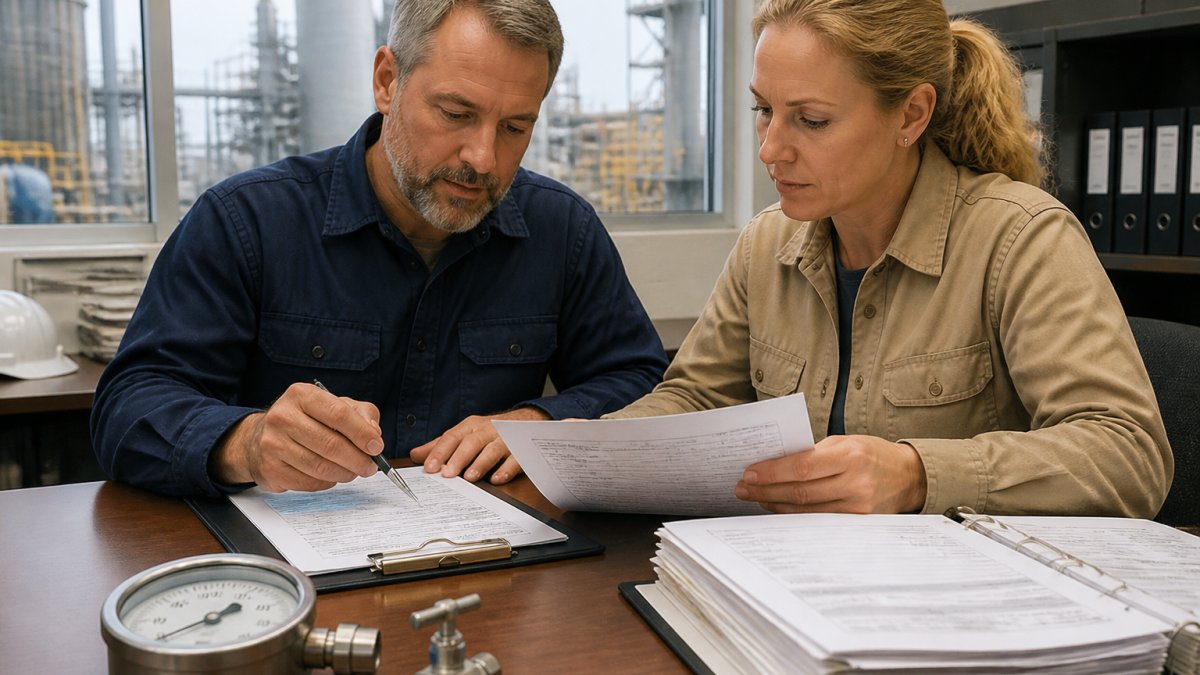 A procurement manager and a process engineer reviewing an open purchase order and a printed supplier quote side by side at a plant office desk, with a pressure gauge and binder of spec sheets visible nearby