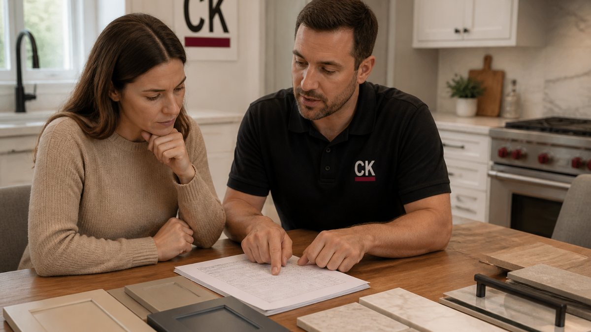Infographic checklist outlining the essential items to verify in a professional kitchen renovation quote.