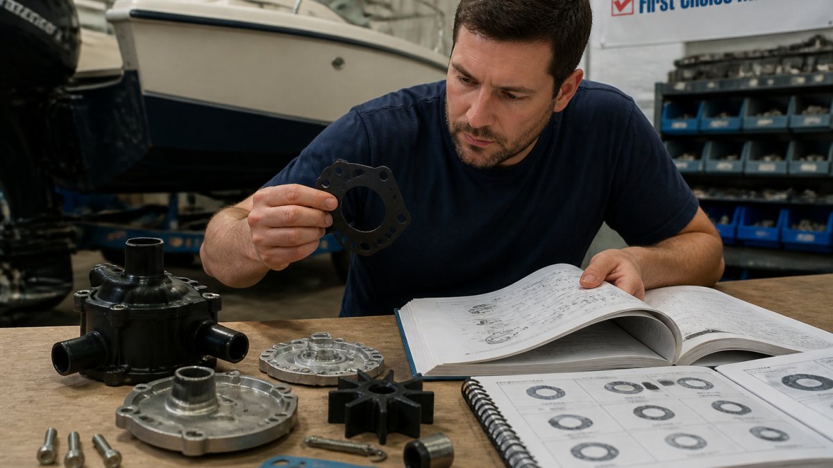 Boat owner carefully inspecting a marine water pump gasket and engine components on a workbench with technical documentation, parts catalog, and marine hardware visible in natural workshop lighting