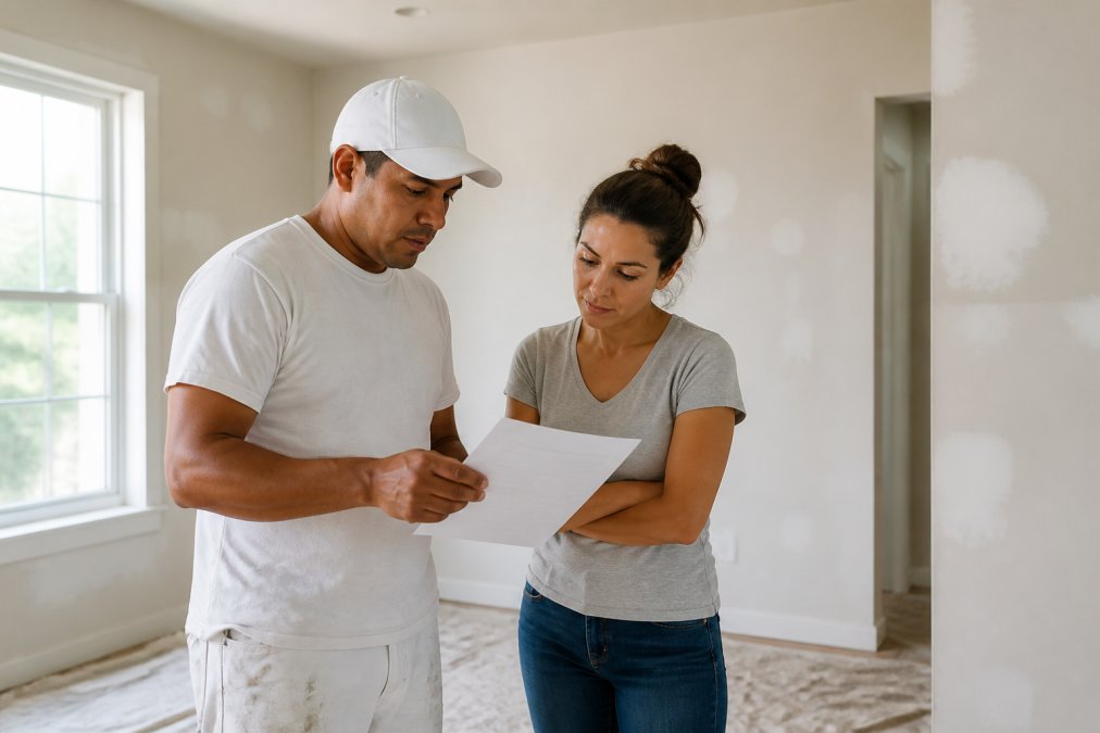 A professional painter in a white t-shirt and cap reviewing a printed quote document with a homeowner inside a bright, empty room that has unpainted walls and drop cloths on the floor