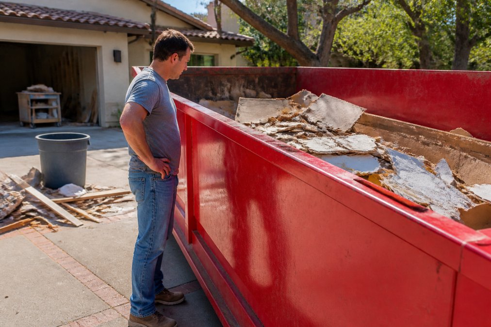 Homeowner standing next to an open roll-off dumpster during residential renovation, examining debris loading with fill line clearly visible in natural daylight