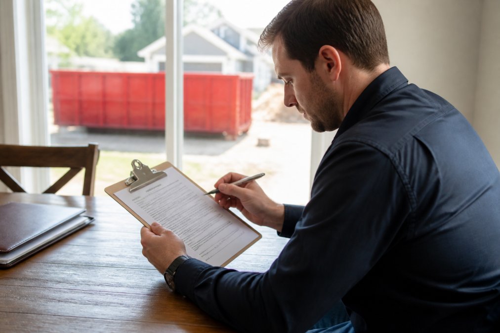 Person reviewing rental agreement document on clipboard with pen in hand, seated at table in natural daylight