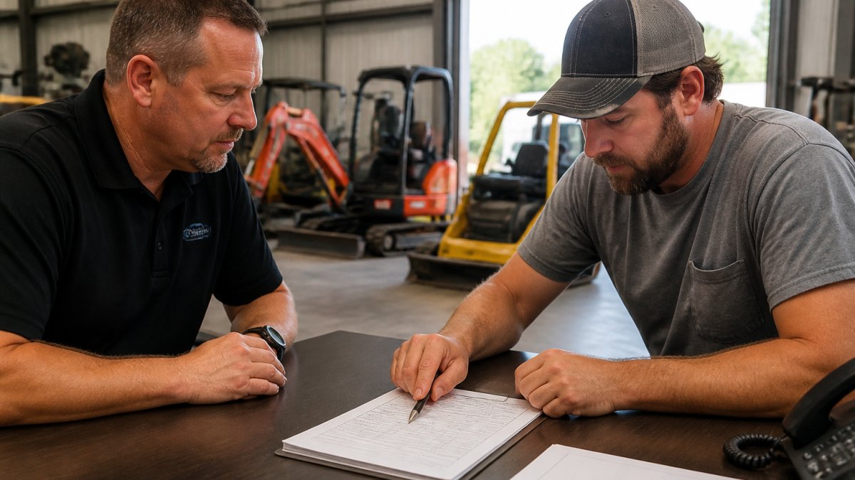 A contractor in a warehouse office reviewing a rental contract with a pen in hand, pointing at a line item while a rental agent looks on