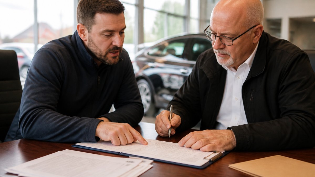 Car buyer and dealer reviewing a purchase contract while avoiding hidden fees in a dealership office