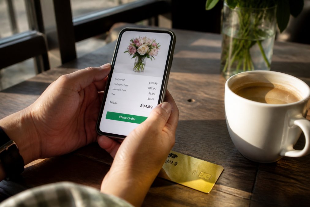Close-up of a person's hands holding a smartphone displaying an online flower checkout screen, a credit card and a coffee cup on a wooden table nearby, warm afternoon light