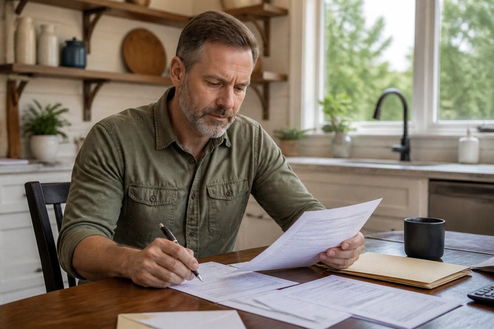 Homeowner reviewing a detailed electrical quote and invoice at a kitchen table with a pen in hand, looking thoughtful and prepared