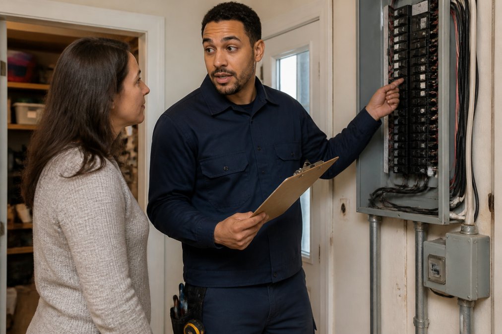 Licensed electrician in uniform discussing project details with homeowner, pointing to electrical panel while holding a clipboard with written estimate