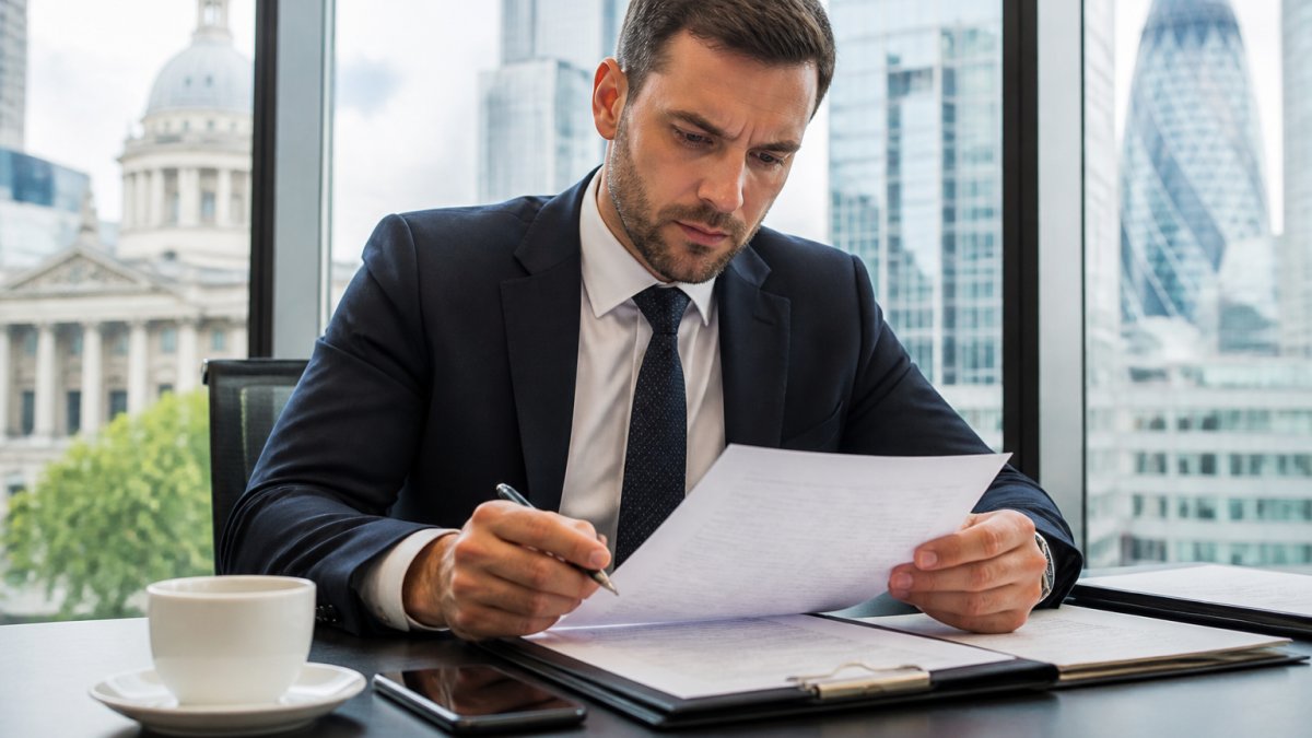 A business traveller in a suit reviewing a printed chauffeur invoice at a desk, pen in hand, with a smartphone and coffee cup nearby in a bright London office