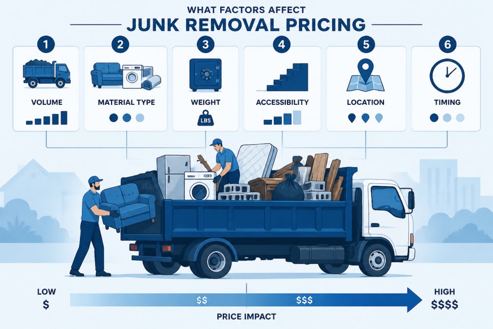 Professional junk removal crew loading diverse items including furniture, appliances, and construction debris into a truck bed, showing range of materials affecting pricing