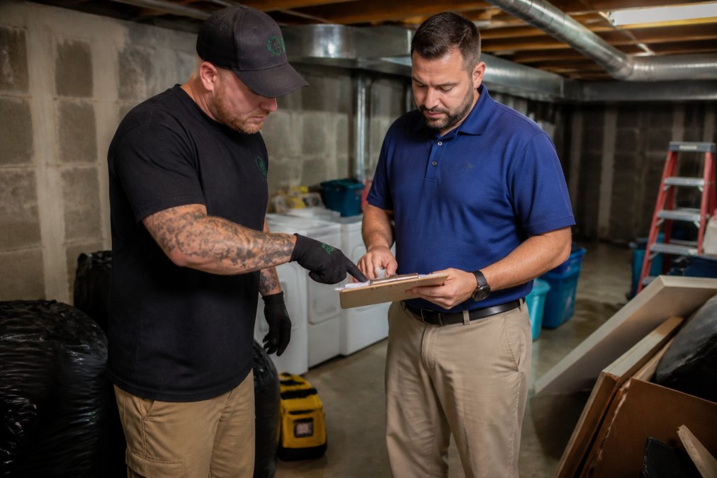 Property manager and junk removal professional reviewing paperwork and discussing job details during on-site estimate in residential basement, with items visible in background