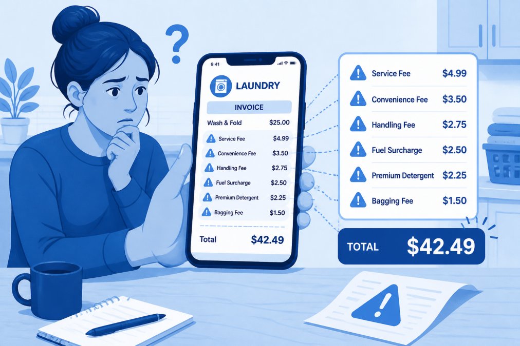 Close-up of a person reviewing a confusing laundry service invoice on their phone, looking concerned or confused at their kitchen table