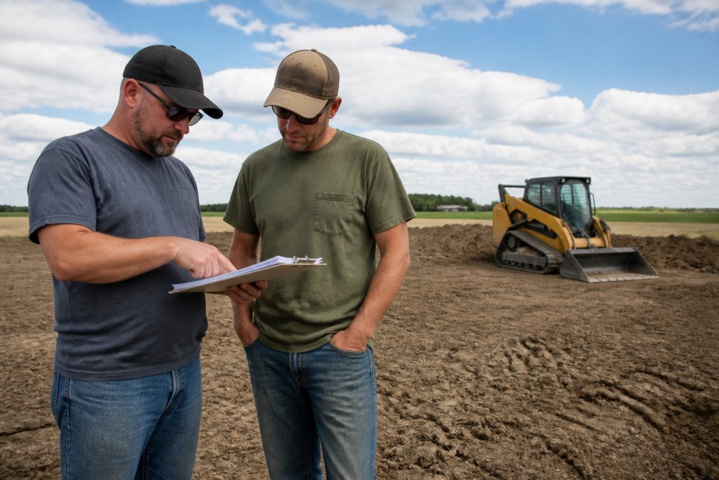 Contractor and landowner reviewing site costs on a graded dirt pad, avoiding hidden fees in metal buildings.