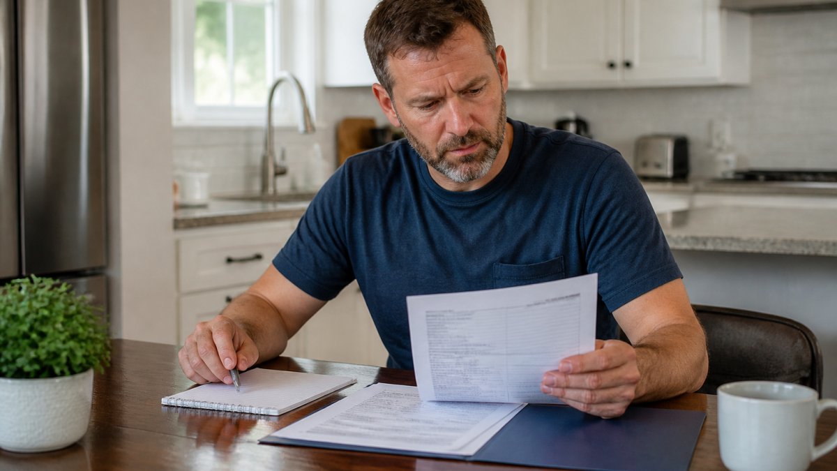 Homeowner carefully reviewing a pool service invoice and contract at a kitchen table with a pen and notepad, examining line items with focused attention