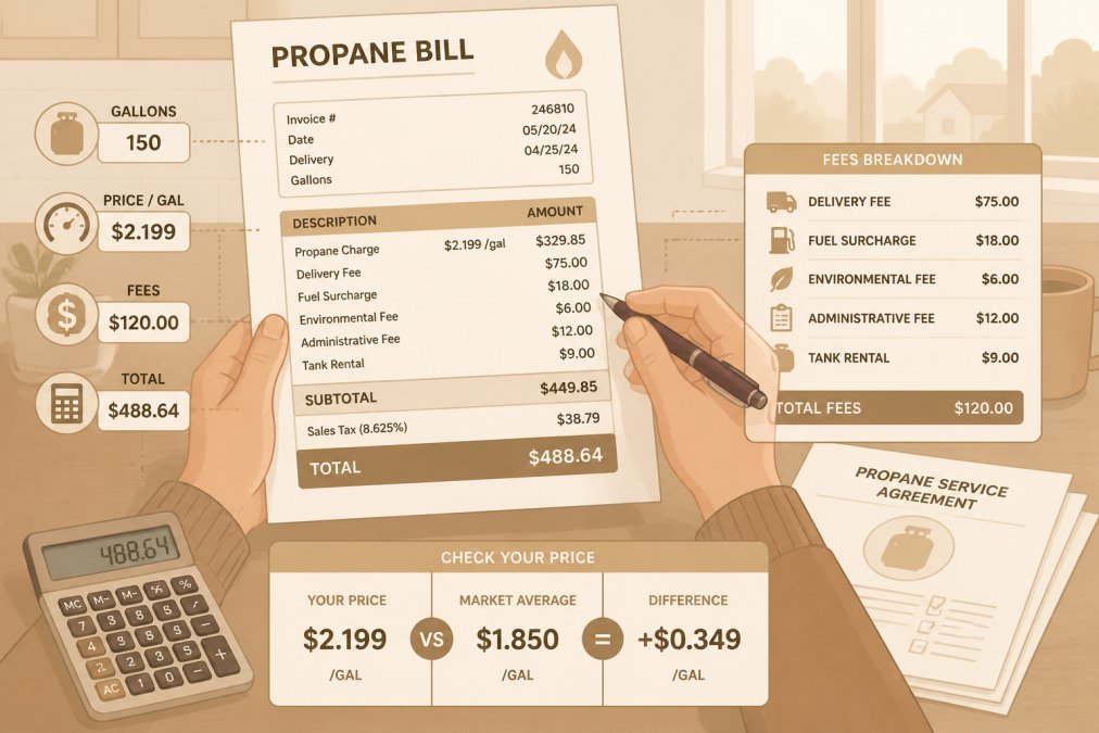 Homeowner's hands reviewing a propane bill at a kitchen table with a pen, calculator, and contract documents spread out, natural afternoon light from a window