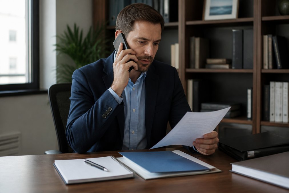 Business professional in an office speaking on a phone while holding a propane contract and taking notes, with a notepad and pen visible on the desk