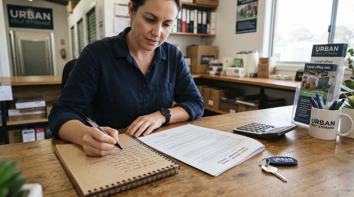 Person reviewing a storage rental agreement document at a desk with a pen and notepad, highlighting key sections with careful attention to contract terms