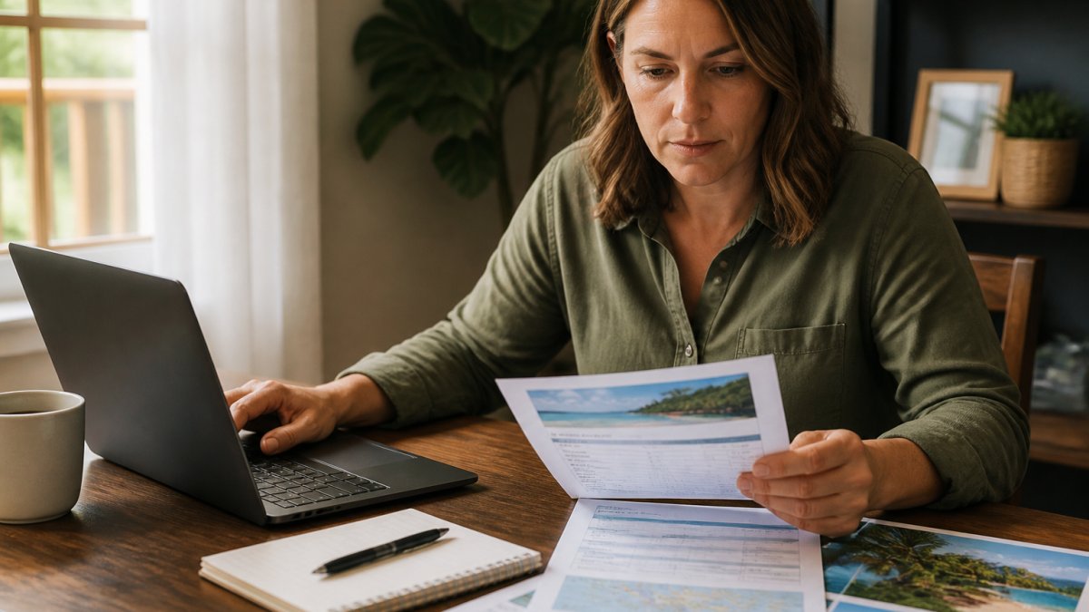 Professional sitting at desk with laptop and printed vacation itinerary, reviewing booking confirmation details with a checklist and pen nearby, natural office lighting