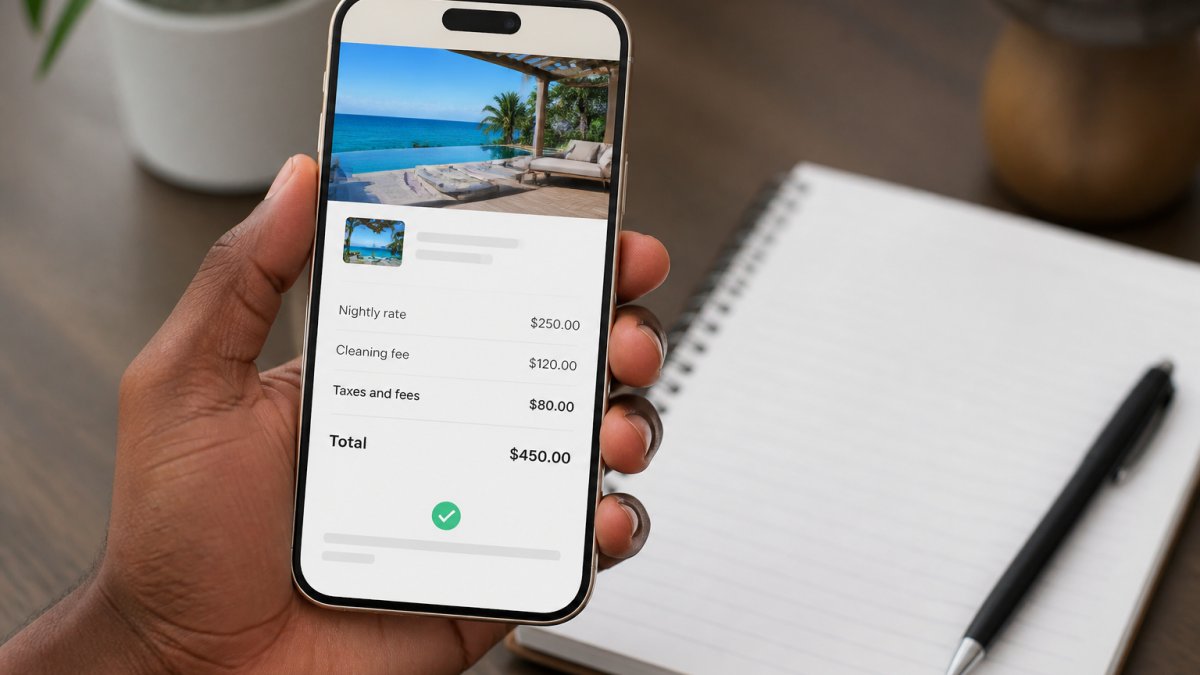Close-up of a hand holding a smartphone displaying a vacation rental booking confirmation screen with a detailed price breakdown showing nightly rate, cleaning fee, taxes, and total cost, sitting at a desk with a notepad and pen nearby