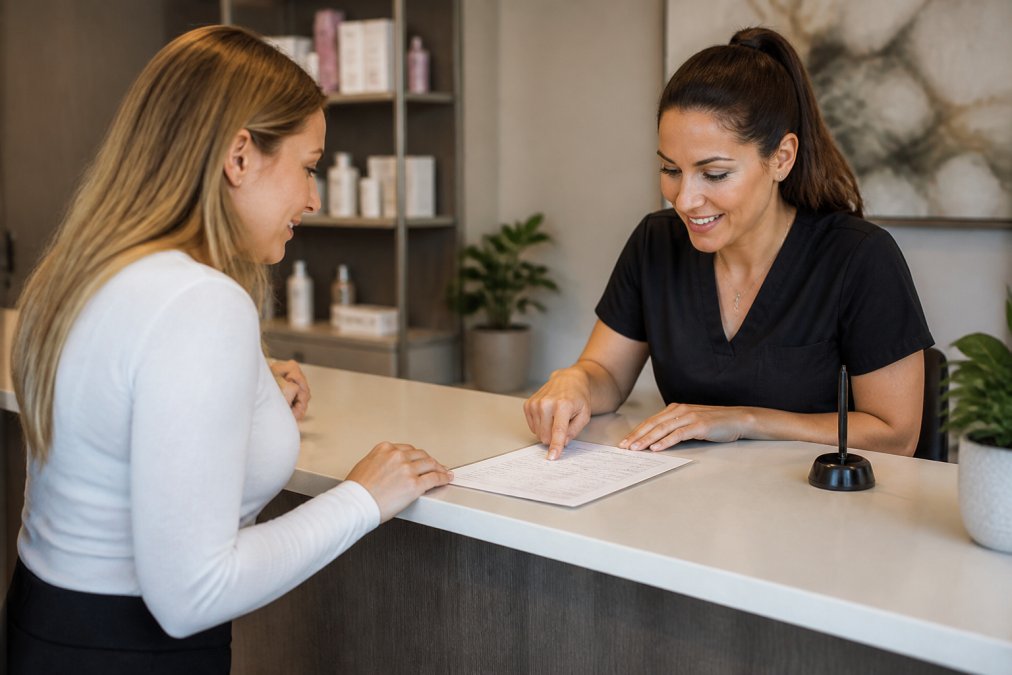 A patient reviewing a printed cost estimate at a clinic front desk while a receptionist points to a line item on the page