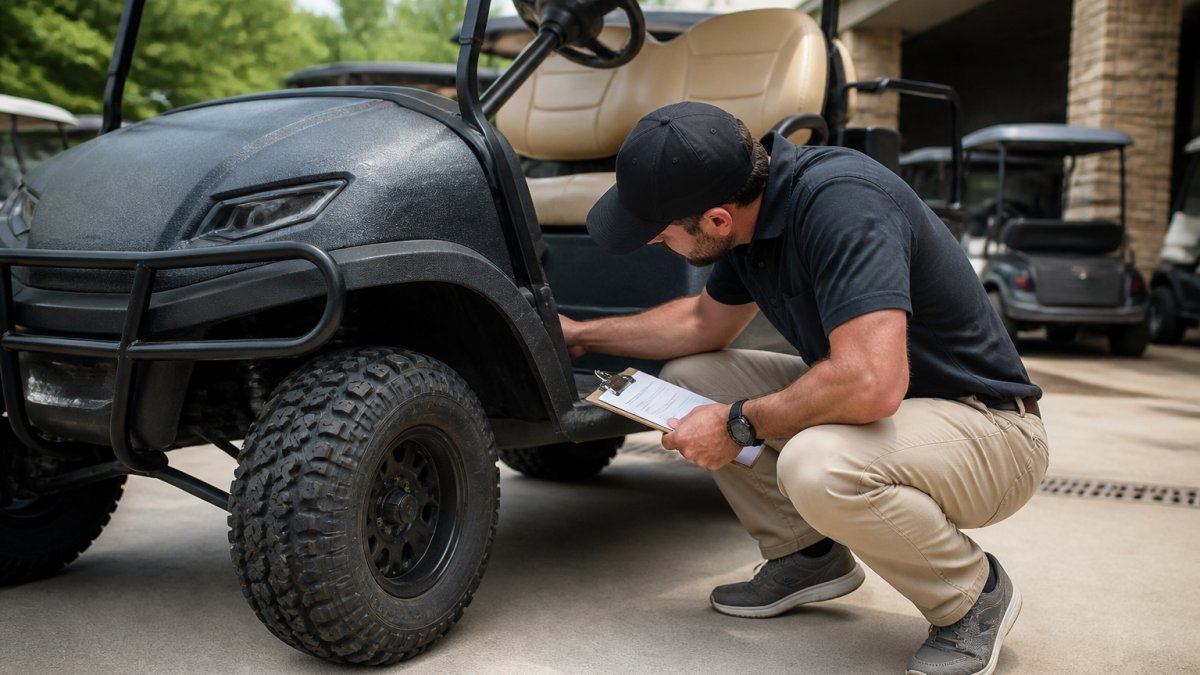 Person conducting a detailed inspection of a golf cart exterior, checking tires, body panels, and undercarriage with a clipboard checklist in hand, bright outdoor lighting