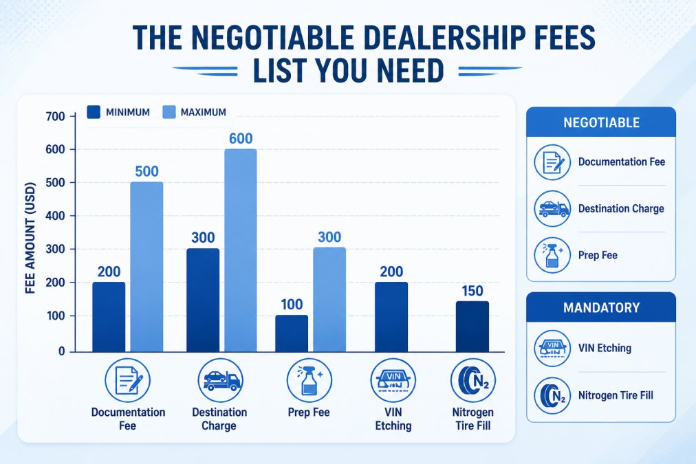Bar chart comparing typical fee amounts: Documentation Fee $200-$500, Destination Charge $300-$600, Prep Fee $100-$300, VIN Etching $200, Nitrogen Tire Fill $150, highlighting which are negotiable versus mandatory