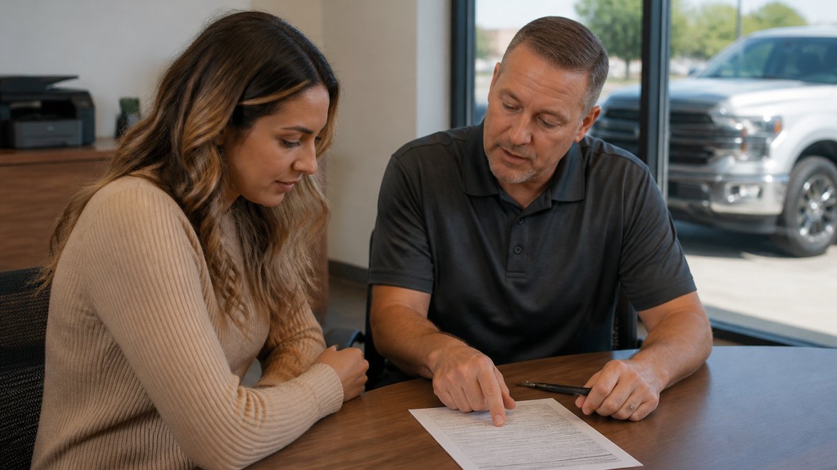 A car buyer and a salesperson seated at a dealership desk reviewing a printed buyer's order together, pen resting on the paperwork, a vehicle visible through the window behind them