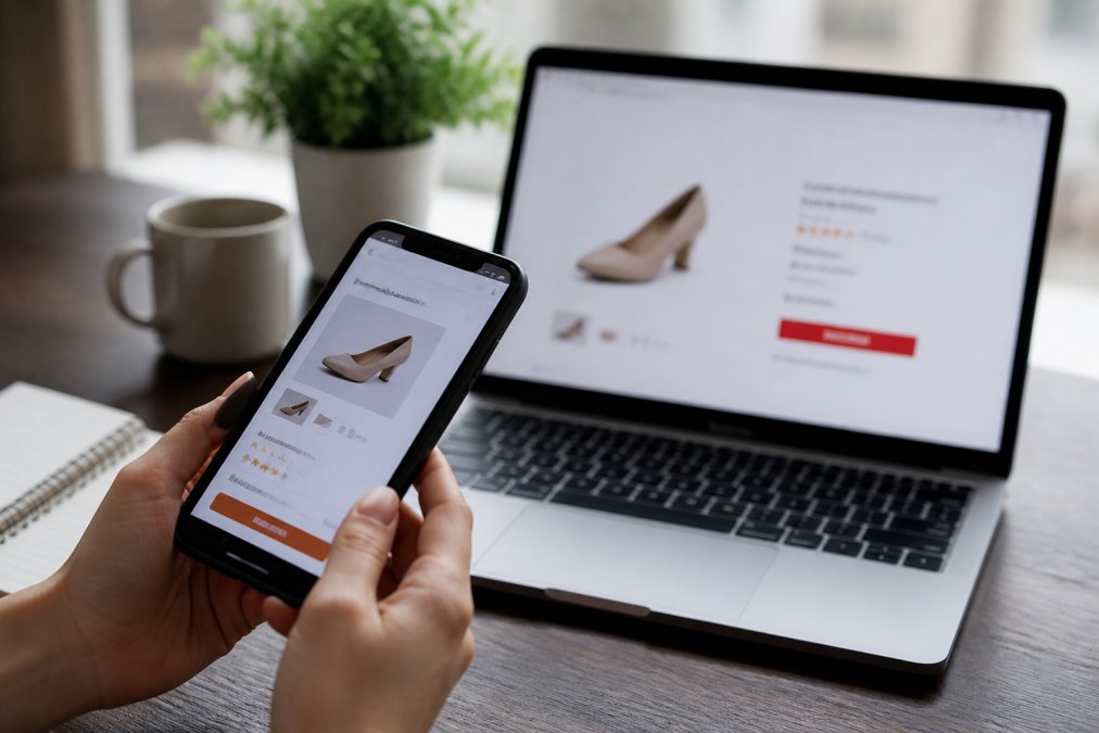 Close-up of a person's hands holding a smartphone while shopping, with a laptop displaying conflicting prices for the same product in the background, natural office lighting