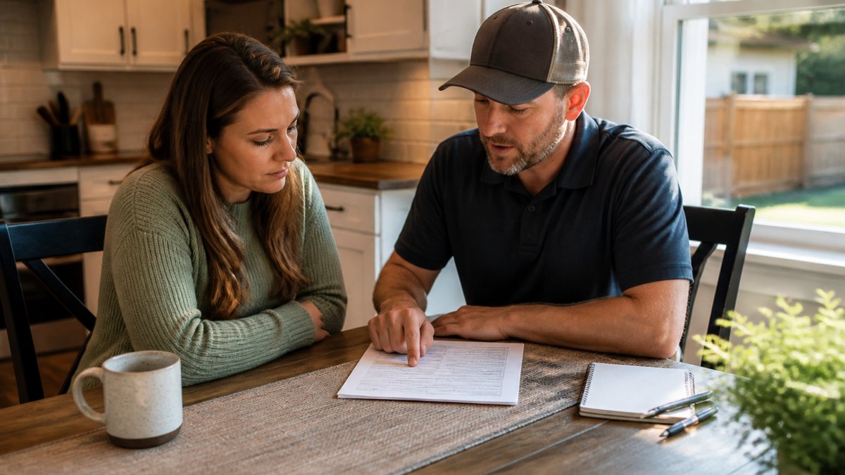 A homeowner and a fence contractor sitting at a kitchen table reviewing a detailed written estimate, with a pen and notebook nearby, warm afternoon light through the window
