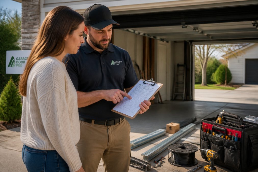 A homeowner and a garage door technician reviewing a printed itemized estimate on a clipboard in a driveway, with the open garage door visible behind them in daylight