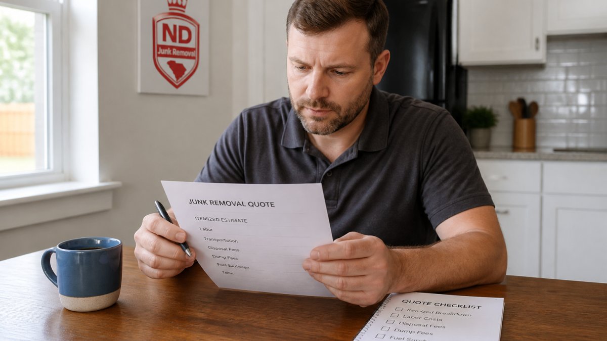 Homeowner sitting at kitchen table reviewing printed junk removal quote with pen in hand, itemized estimate visible with checklist notepad nearby, natural morning light from window