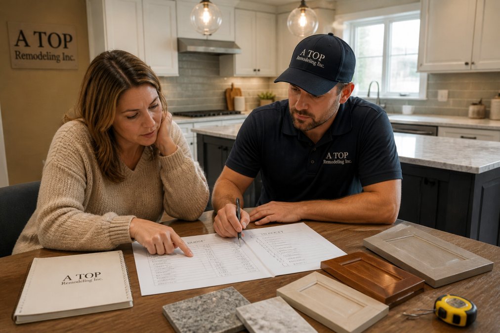A homeowner and a remodeling contractor reviewing a detailed kitchen renovation budget and checklist at a kitchen table, with cabinet samples and a measuring tape nearby