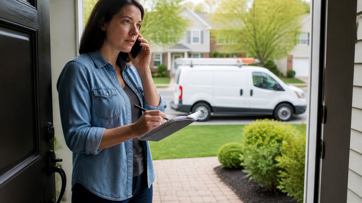 Homeowner holding a notepad and phone to discuss locksmith service fees with a technician by their front door