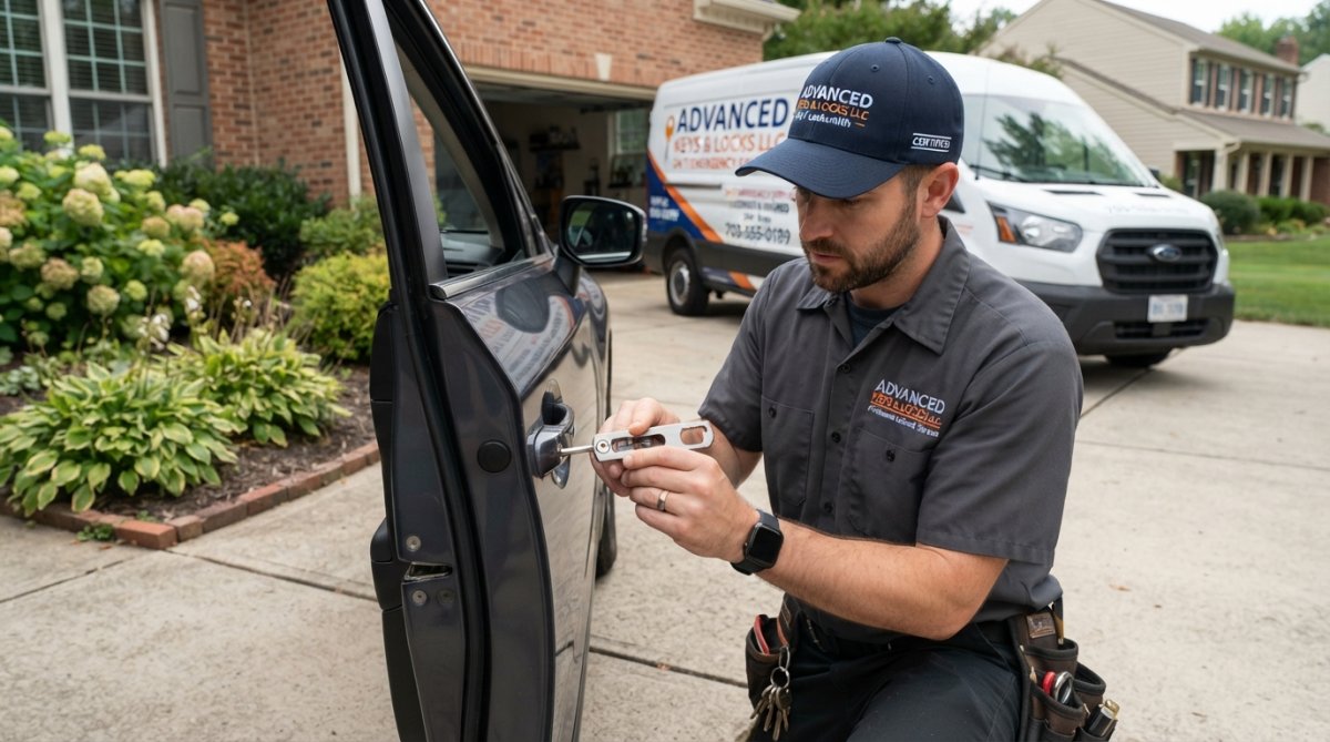 Homeowner checking a locksmith’s ID and license to avoid hidden locksmith service fees before letting them work
