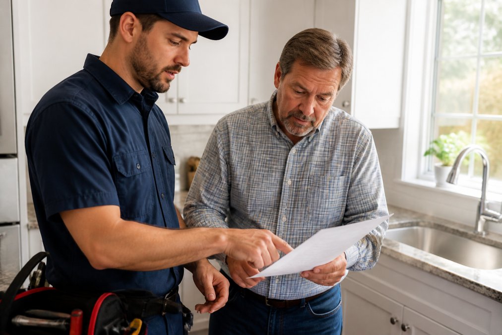 Homeowner reviewing a detailed plumbing estimate on paper with a professional plumber in work uniform pointing to specific line items and explaining costs at a kitchen sink