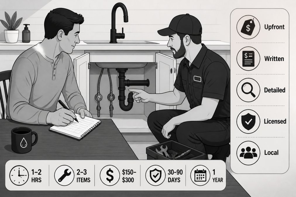 Homeowner in casual clothing sitting at kitchen table talking with a plumber in work uniform, both looking at plumbing area under sink while homeowner takes notes on a notepad with pen