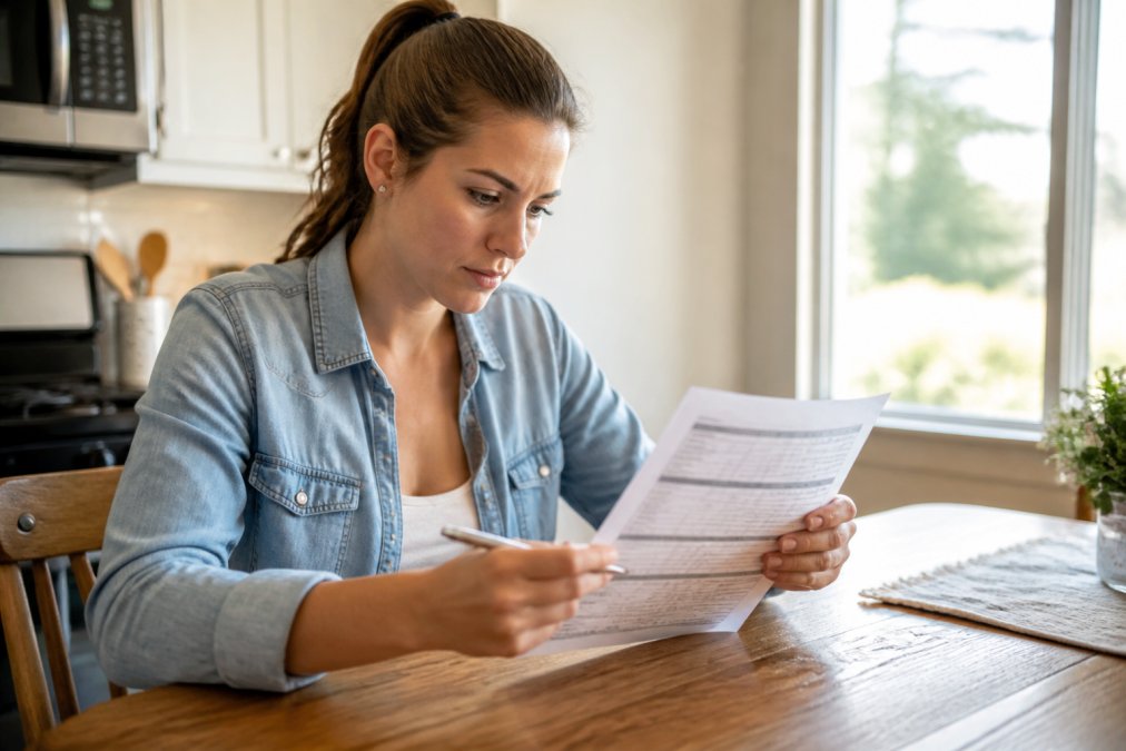 Homeowner reviewing a detailed plumbing estimate document at a kitchen table with a pen, looking focused and prepared, natural afternoon lighting from a nearby window