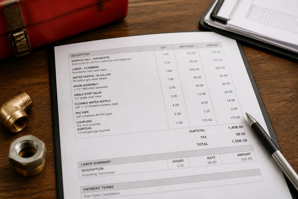 Close-up of a detailed plumbing invoice with itemized charges, labor costs, and parts clearly listed on a desk with a pen nearby, professional office lighting