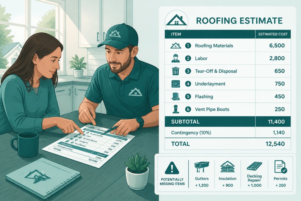 Homeowner and roofing contractor sitting at kitchen table reviewing a detailed roofing estimate document, pointing to line items and discussing specifications with natural sunlight streaming through the window