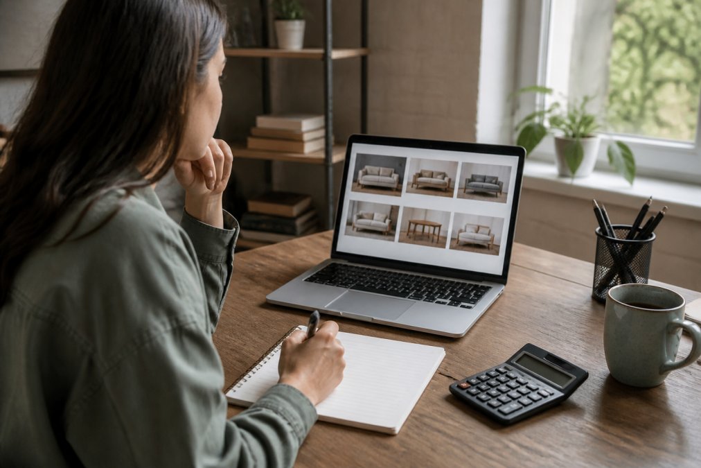 Person sitting at desk with laptop and notepad, comparing furniture prices and shipping quotes on screen, with calculator and pen visible on desk