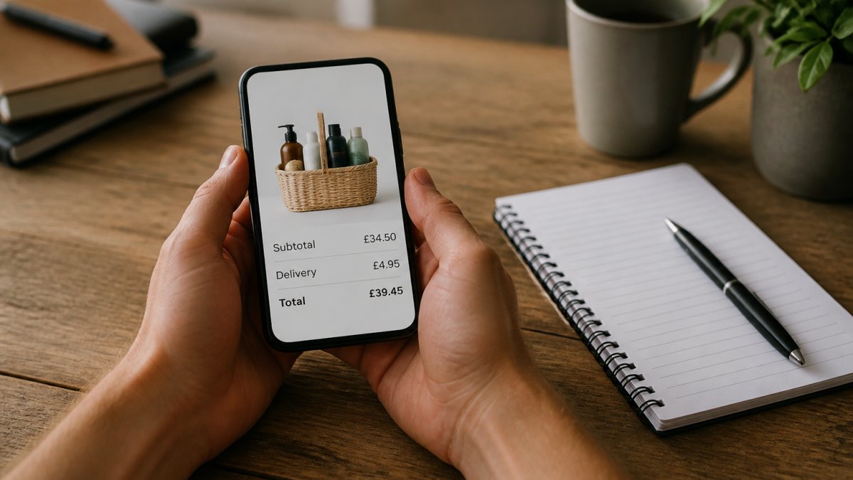 Person's hands holding a smartphone displaying a shopping basket with delivery costs clearly shown, sitting at a wooden desk with a notepad and pen nearby