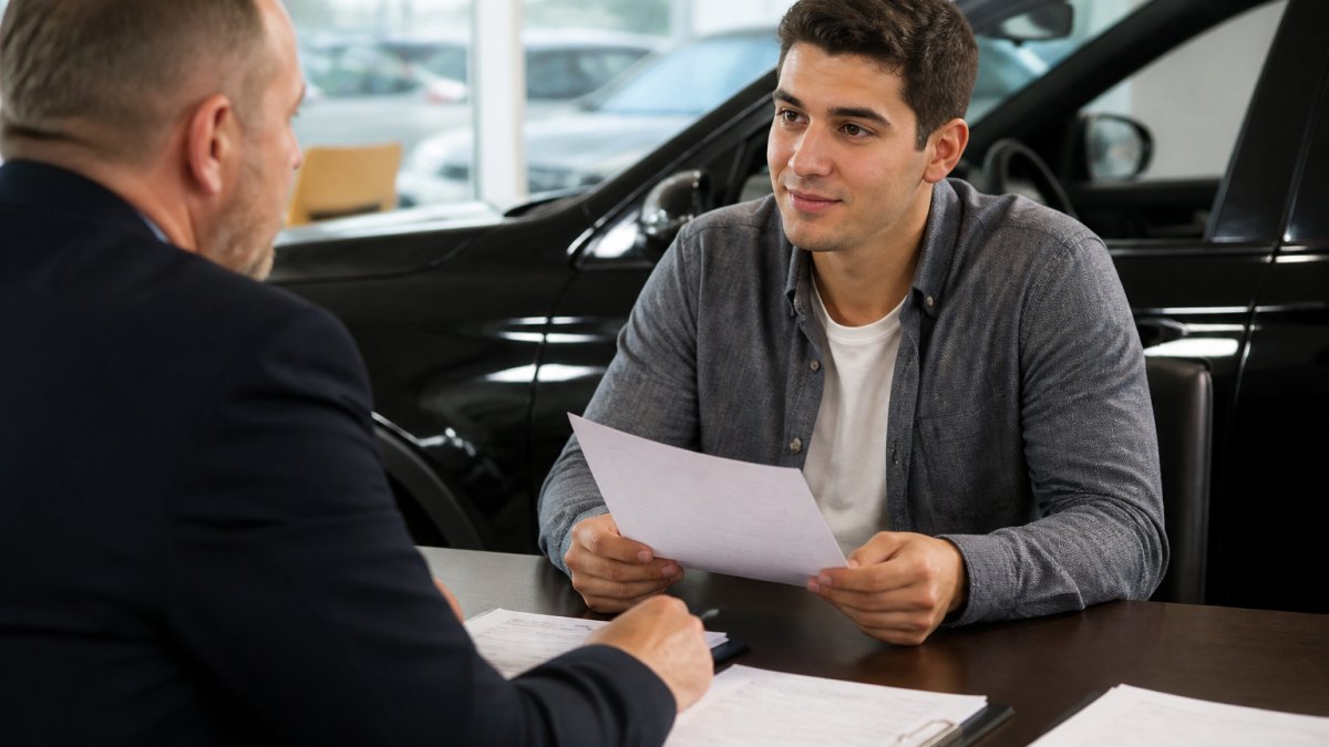 First-time car buyer sitting calmly across from a car salesman at a dealership desk, reviewing paperwork with a confident expression while holding a written quote