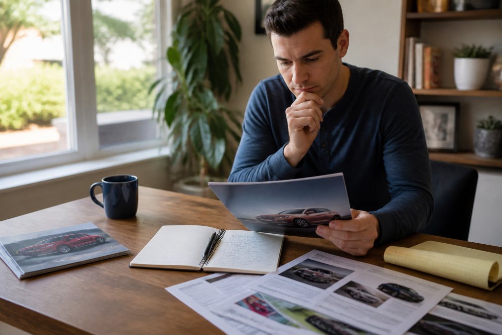 First-time car buyer sitting at home desk with laptop, notepad, and vehicle research materials spread out, reviewing pricing and specifications in natural daylight