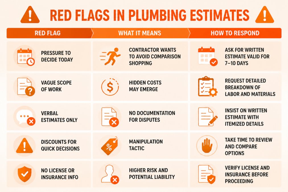 Comparison matrix showing red flag indicators: Pressure to decide today vs. What it means (contractor wants to avoid comparison shopping) vs. How to respond (ask for written estimate valid for 7-10 days); Vague scope of work vs. What it means (hidden costs may emerge) vs. How to respond (request detailed breakdown of labor and materials); Verbal estimates only vs. What it means (no documentation for disputes) vs. How to respond (insist on written quote); Bundled services vs. What it means (can't compare line items) vs. How to respond (ask for itemized pricing); Emergency markup claims vs. What it means (inflated pricing justified by urgency) vs. How to respond (get second opinion before accepting premium)