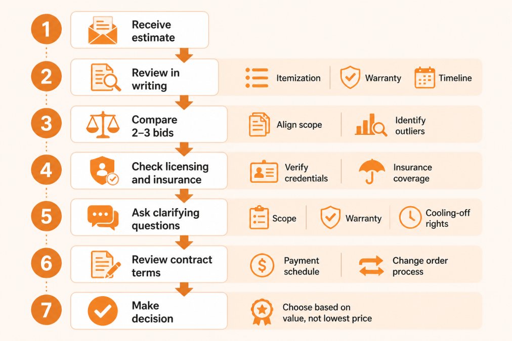 Flowchart showing decision process: Receive estimate → Review in writing (check for itemization, warranty, timeline) → Compare 2-3 bids (align scope, identify outliers) → Check licensing and insurance (verify credentials) → Ask clarifying questions (scope, warranty, cooling-off rights) → Review contract terms (payment schedule, change order process) → Make decision (choose based on value, not lowest price)