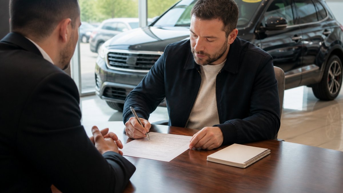 A calm customer sitting at a dealership desk reviewing a printed buyer's order while a sales representative waits, with a notebook and pen in the customer's hand and a certified used vehicle visible through the showroom window