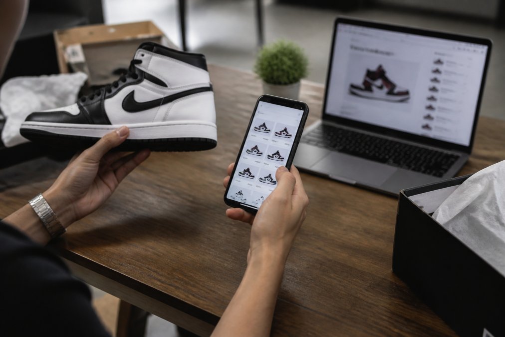 A person comparing sneaker prices on a smartphone while holding a pair of clean white and black sneakers