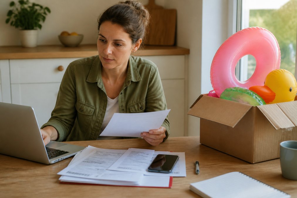 A parent at a kitchen table reviewing customs paperwork on a laptop next to a cardboard box of inflatable pool toys, with a phone showing a tracking notification