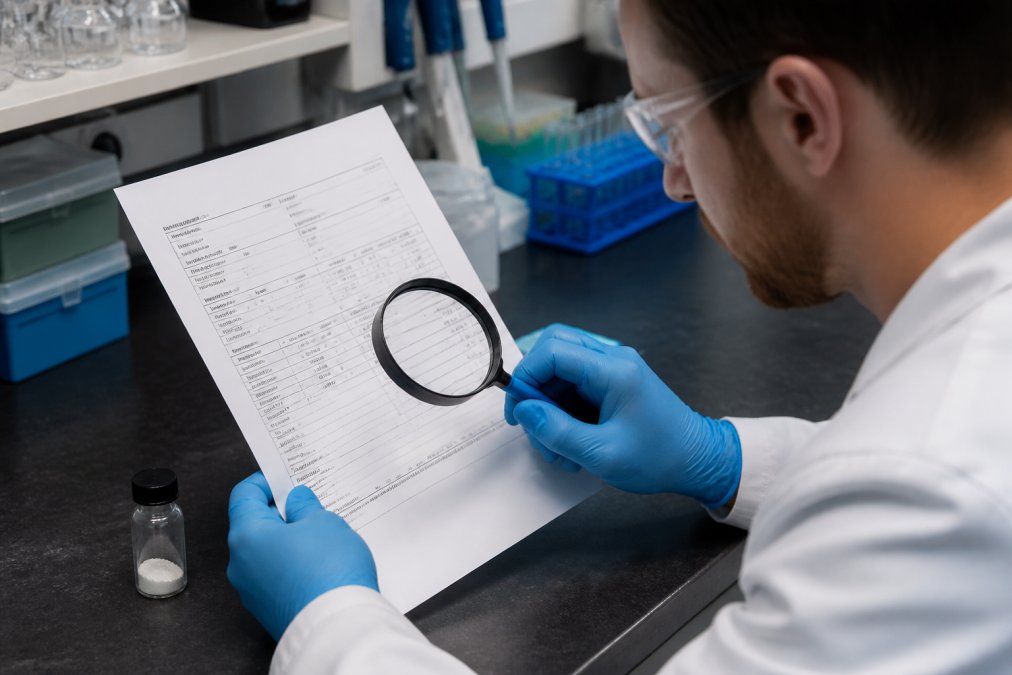 Researcher examining a printed Certificate of Analysis document with a magnifying glass at a laboratory bench, with a laptop and peptide vial visible in the background